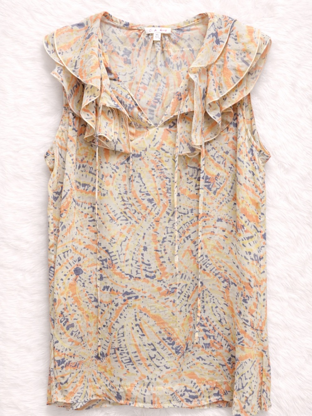 CAbi Cream Floral-Abstract Ruffle V-Neck Sleeveless Camisole